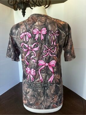 Simply Southern Brown Camo Tee with Pink Bows